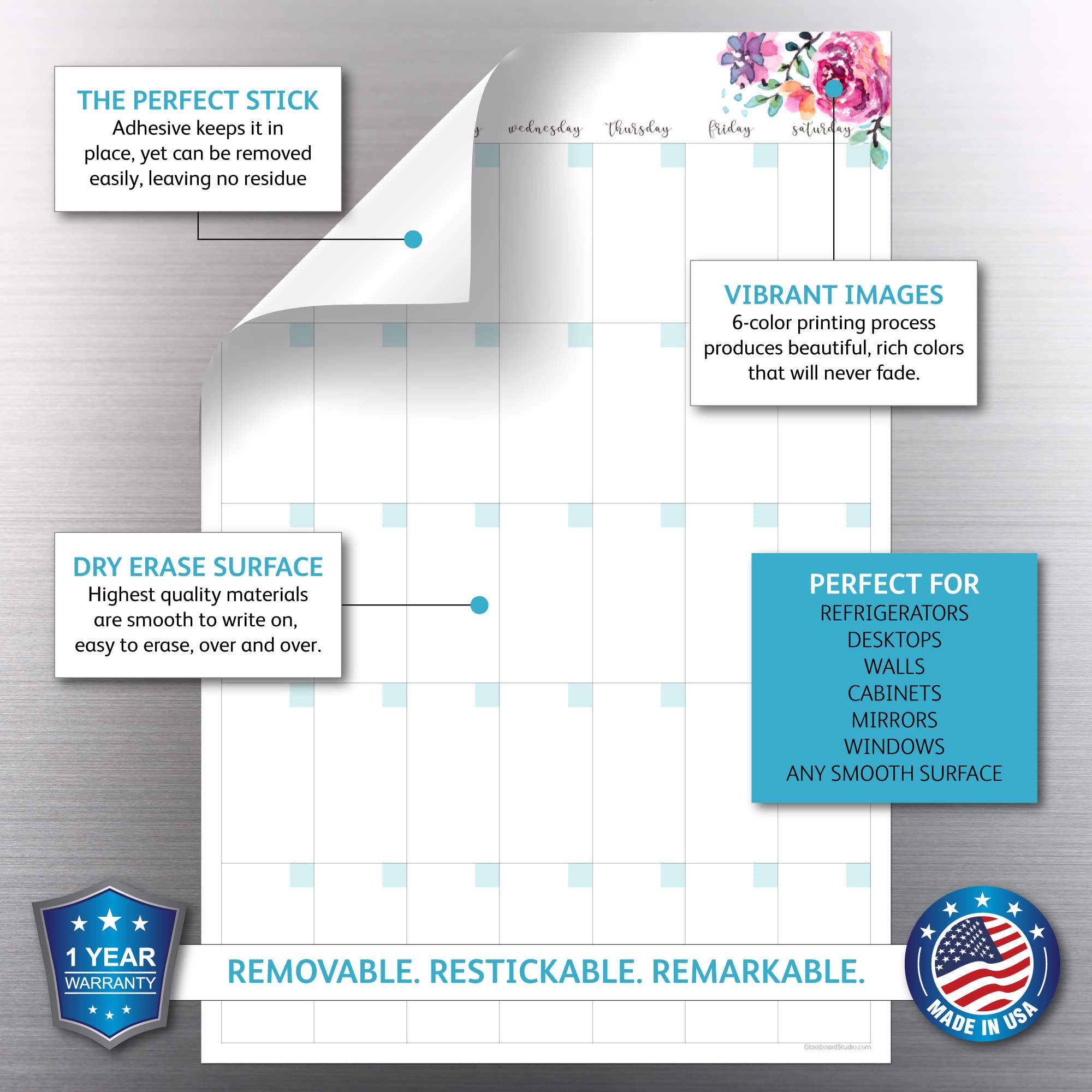 Dry Erase Monthly Calendar Planner Sticker - Removable & Reusable Wall Decal with Magnetic Fine-Tip Marker - 12 x 18 Inch Floral Design for Home, Office, or Classroom Organization | Perfect for Scheduling, Planning, and Productivity
