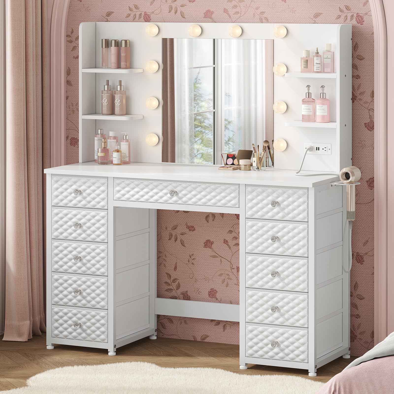 11-Drawer Makeup Vanity with LED Lights & Mirror, 43.3