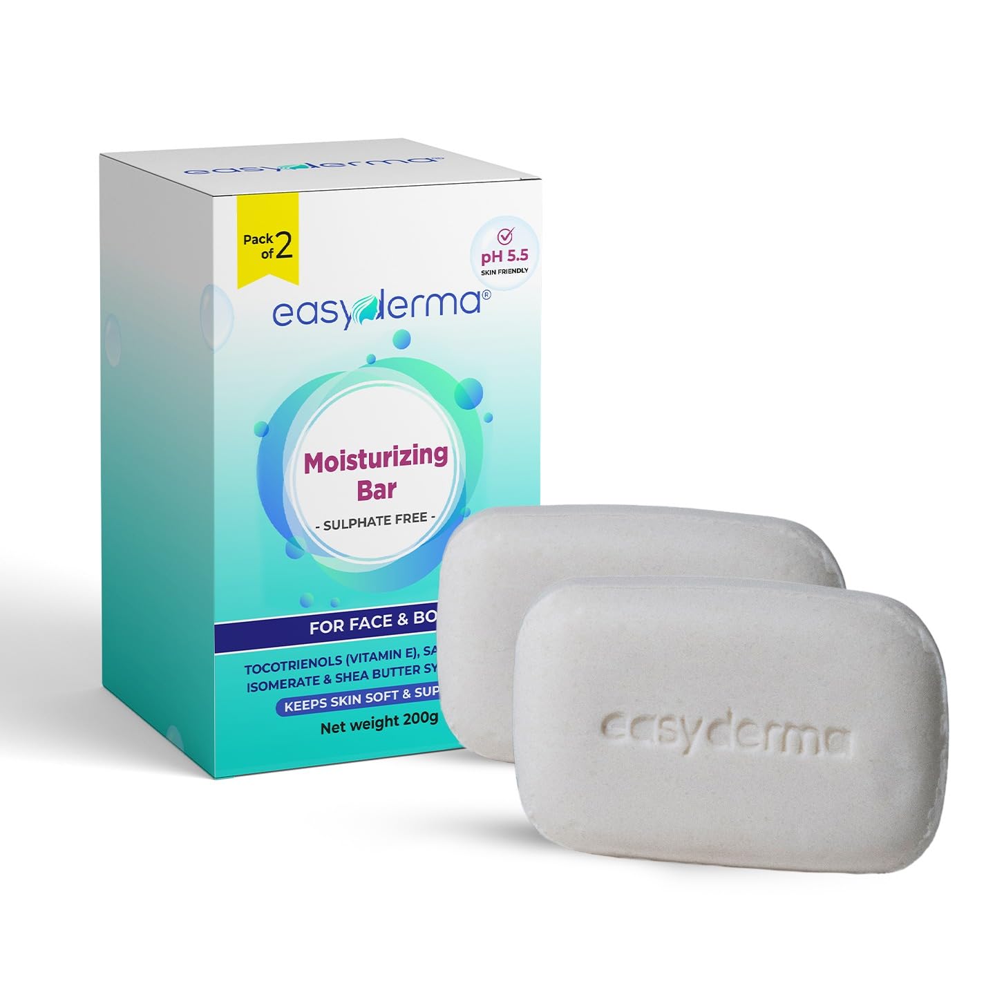 Easyderma Moisturizing Bath Soap for Dry & Rough Skin - Pack of 2 | pH 5.5 Balanced with Shea Butter & Vitamin E | Hydrating Body Cleanser Bar for Men & Women | Perfect for Sensitive Skin Care & Daily Shower Use