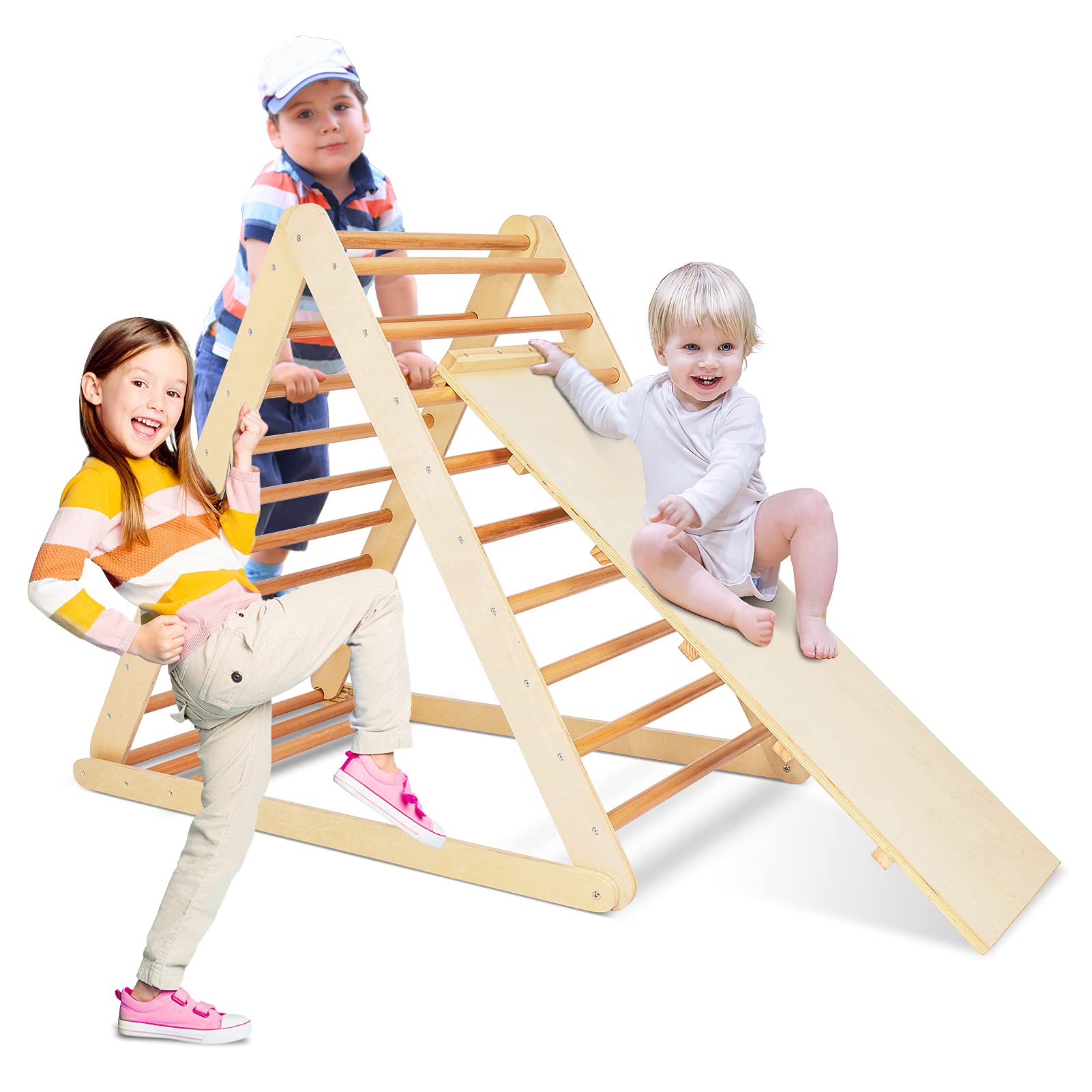Foldable Wooden Climbing Triangle with Slide Ramp - 2-in-1 Montessori Climber for Toddlers & Kids | Indoor/Outdoor Play Gym for Boys & Girls | Perfect for Home Playroom, Backyard & Preschool Activities