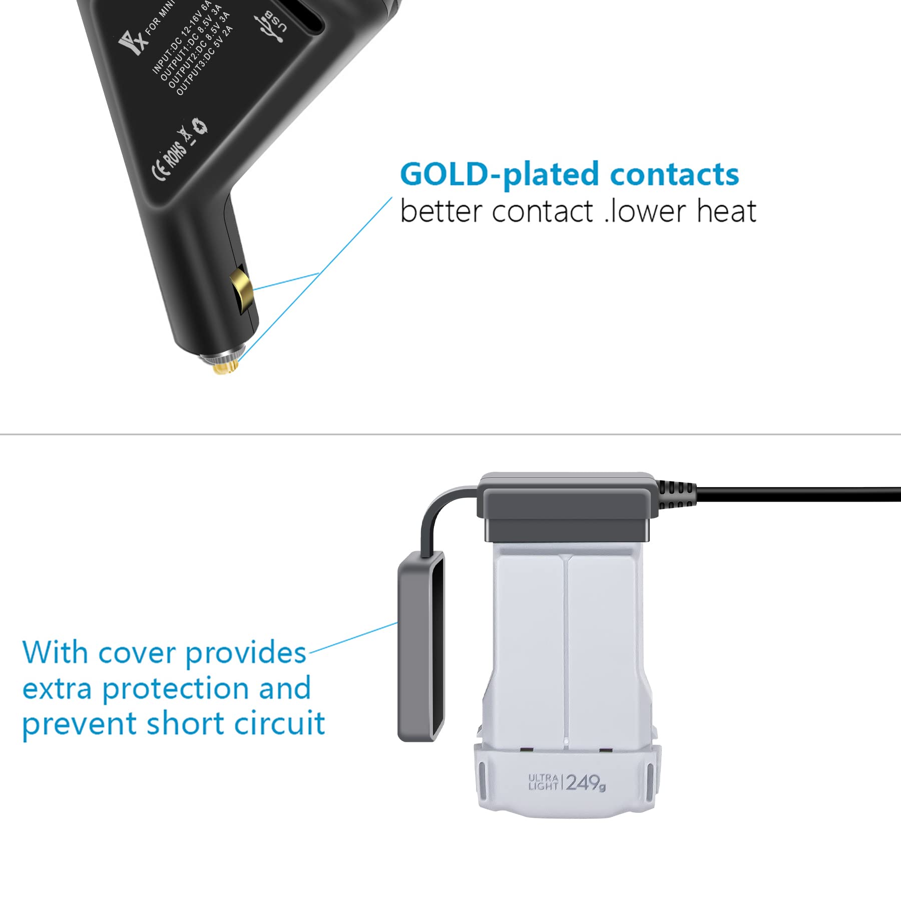 DJI Mini 3 Pro/Mini 4 Car Charger - 3-in-1 Fast Charging for 2 Batteries & Remote Control | Portable Travel Charger for Drone Accessories (Not Compatible with Mavic Mini/Mini 2) | Perfect for Road Trips & Outdoor Adventures