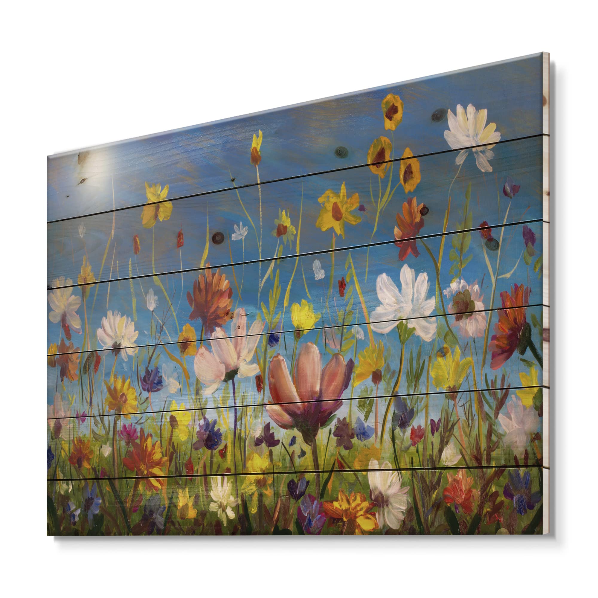 DesignQ Daisies and Wildflowers Summer Garden Wood Wall Art - Traditional Blue Floral Pine Wood Panel Decor for Living Room, Bedroom & Office