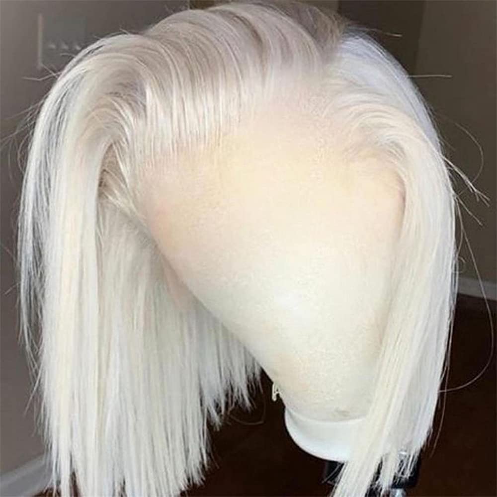 60 Silver Grey White Platinum Blonde Human Hair Wigs for Women - 10 Inch Silky Straight Ash Blonde Bob Lace Front Wig with Baby Hair & Pre-Plucked HD Transparent Lace (150% Density) - Perfect for Cosplay, Daily Wear, and Special Occasions