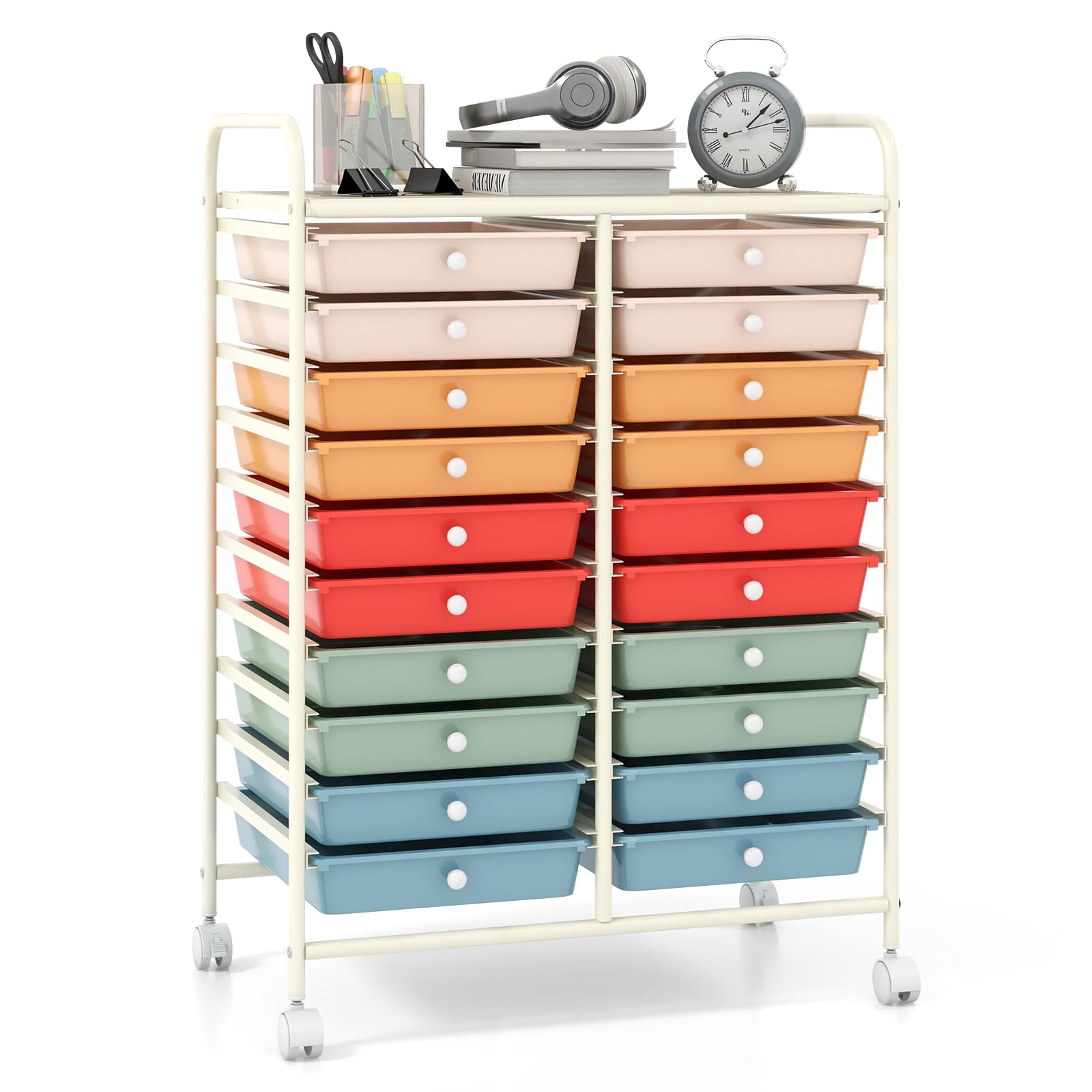 Giantex 20-Drawer Rolling Storage Cart with Wheels - Mobile Organizer for Office, Classroom, Craft Room & Home - Perfect for School Supplies, Teacher Tools, Scrapbooking, Paper Crafts & Small Printers - Macaron Color Utility Cart for Easy Mobility & Space Saving