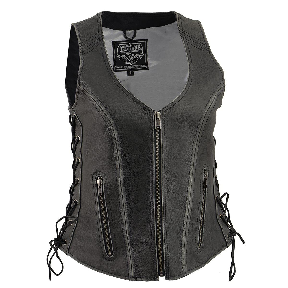 Milwaukee Women's Distressed Grey Premium Leather Motorcycle Vest with Side Laces - MLL4531 - Small | Stylish Biker Jacket for Riding & Casual Wear