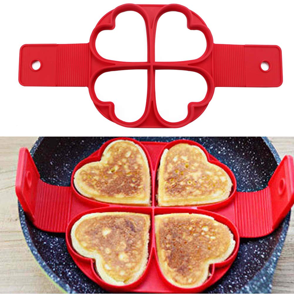 4-Hole Heart Shaped Pancake Maker - Nonstick Silicone Egg Ring Mold for Perfect Pancakes & Omelettes - Ideal for Valentine's Day Breakfast, Romantic Dinners & Kids Cooking Activities