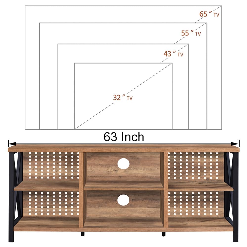 LVB 75 Inch TV Stand - Industrial Rustic Entertainment Center with Storage Shelves, Modern Wood & Metal TV Cabinet for Living Room & Bedroom (Rustic Oak, 63 Inch) - Perfect for Home Theater Setup & Media Organization