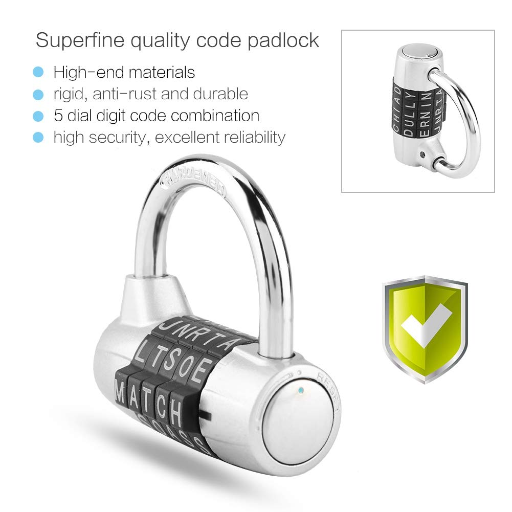 5-Dial Combination Padlock - Secure Travel Suitcase Lock for Gym, Locker & Luggage - Durable Silver Password Security Lock for Backpacks, Storage & Outdoor Use