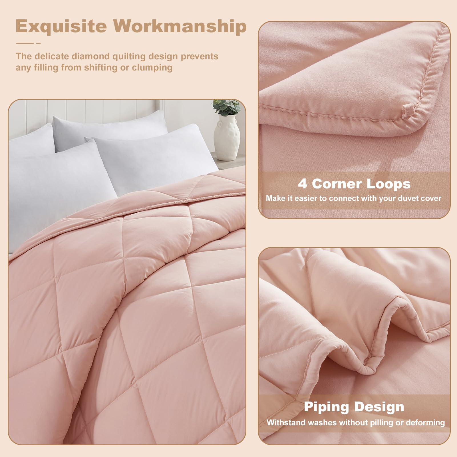 Homelike Moment King Size Pink Down Alternative Duvet Insert - Lightweight Soft Quilted Comforter for All Seasons with Corner Tabs | Bedroom Decor, Guest Room Essentials, Cozy Home Upgrade