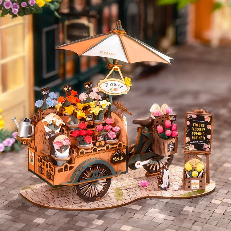 Rolife Blossom Cart 3D Wooden Puzzle Kit - DIY Flower Cart Model for Adults & Teens - Creative Home Decor & Gift Idea for Birthday, Christmas - Relaxing Craft Project for Stress Relief & Mindfulness