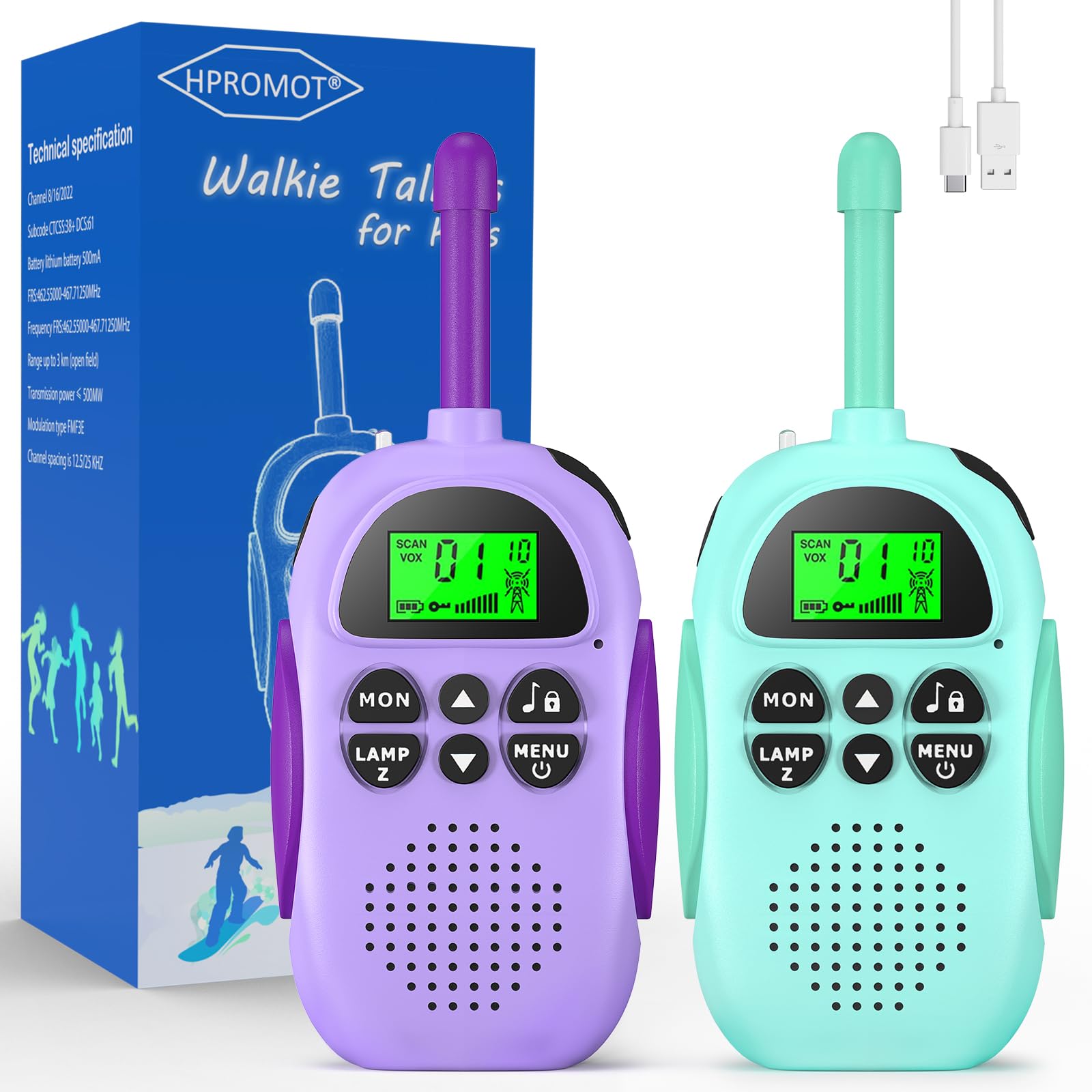 Rechargeable Kids Walkie Talkies 2 Pack - Long Range 22 Channel 2 Way Radios for Boys & Girls Ages 3-12 - Perfect for Outdoor Adventures, Camping, Hiking & Birthday Gifts | Ideal for Family Trips, Backyard Play & Emergency Communication