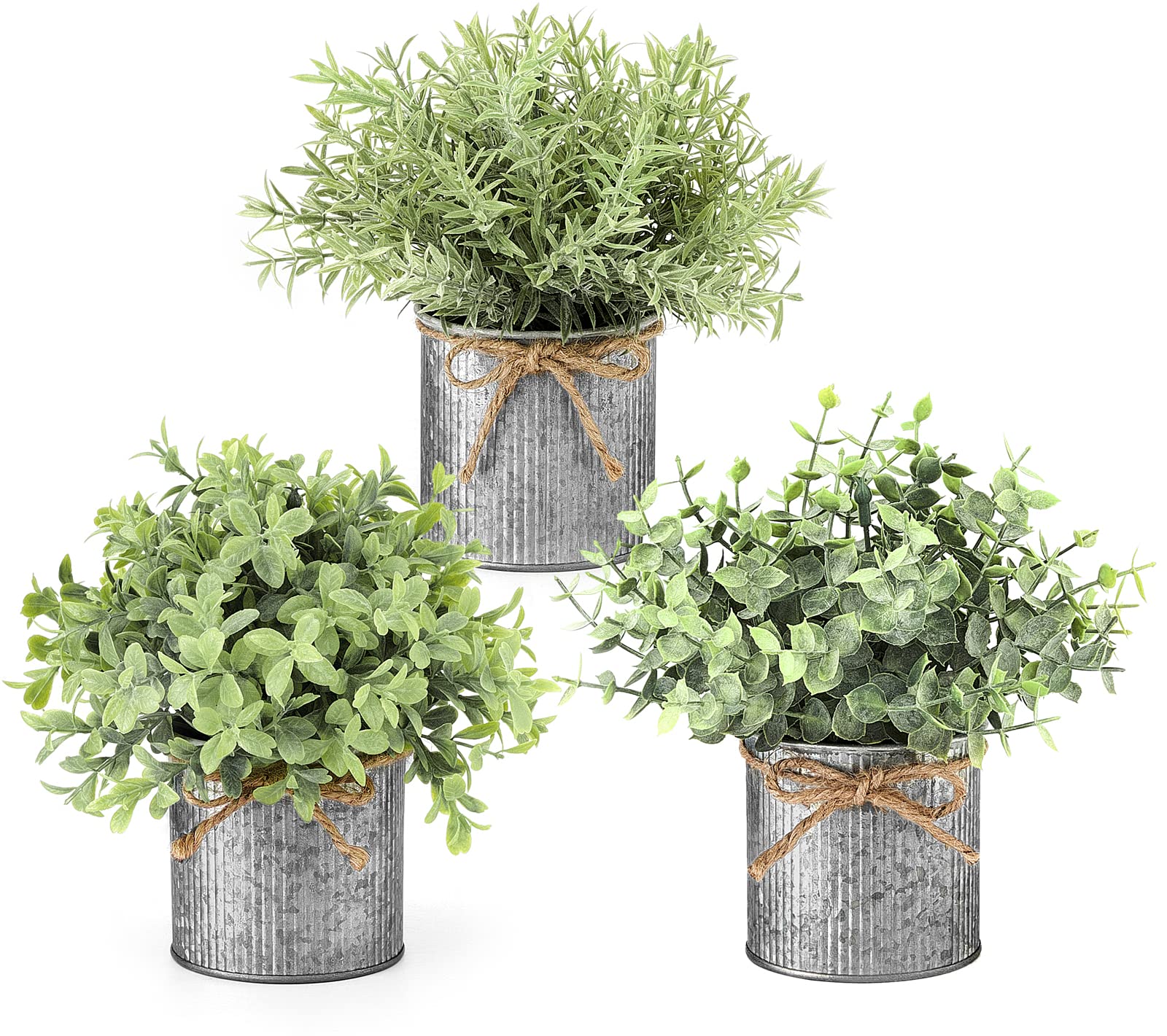 Mkono Small Fake Plants in Farmhouse Galvanized Metal Pots - 3 Pack Artificial Eucalyptus Potted Plants for Home Decor, Laundry Room, Bathroom, Shelf & Table Display - Perfect for Farmhouse, Rustic and Modern Interior Design Styles