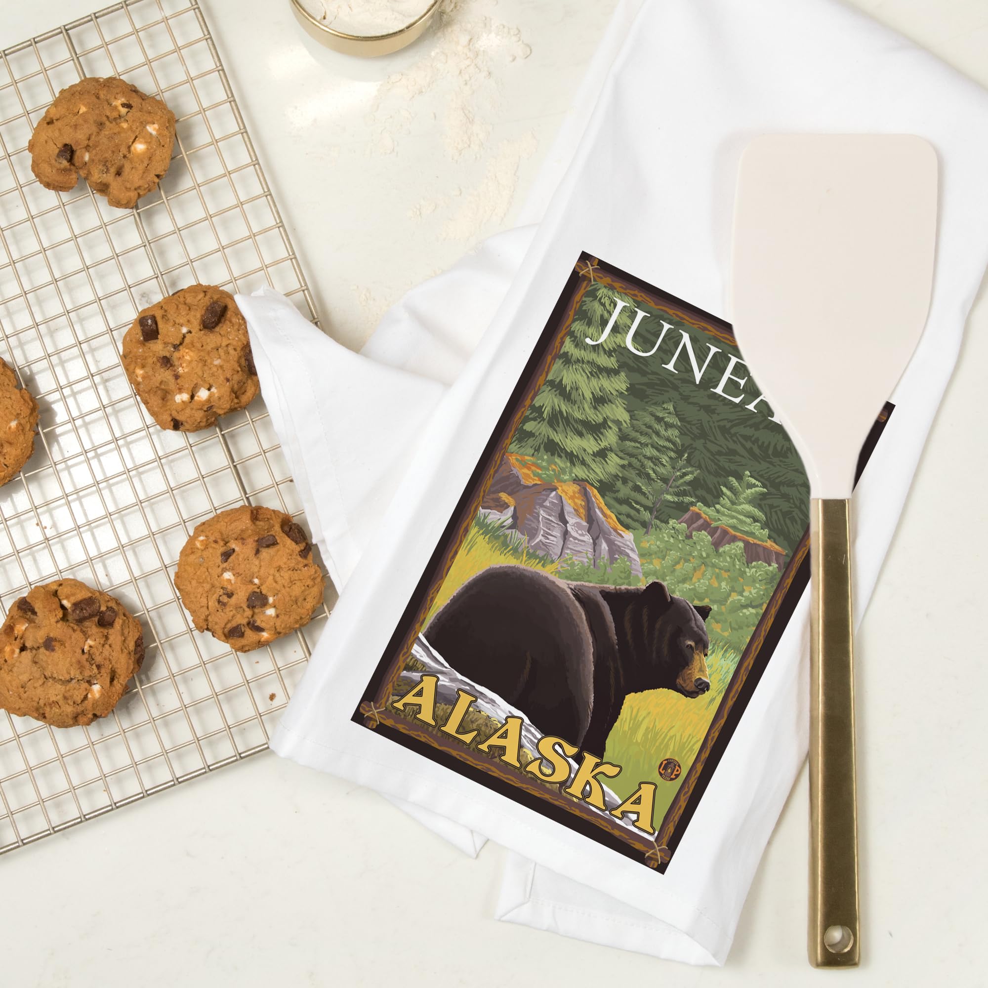 Lantern Press Black Bear in Forest Juneau Alaska - 100% Cotton Tea Towel & Decorative Hand Towel for Kitchen, Home Decor - Perfect for Dish Drying, Gift Giving & Cabin Decor