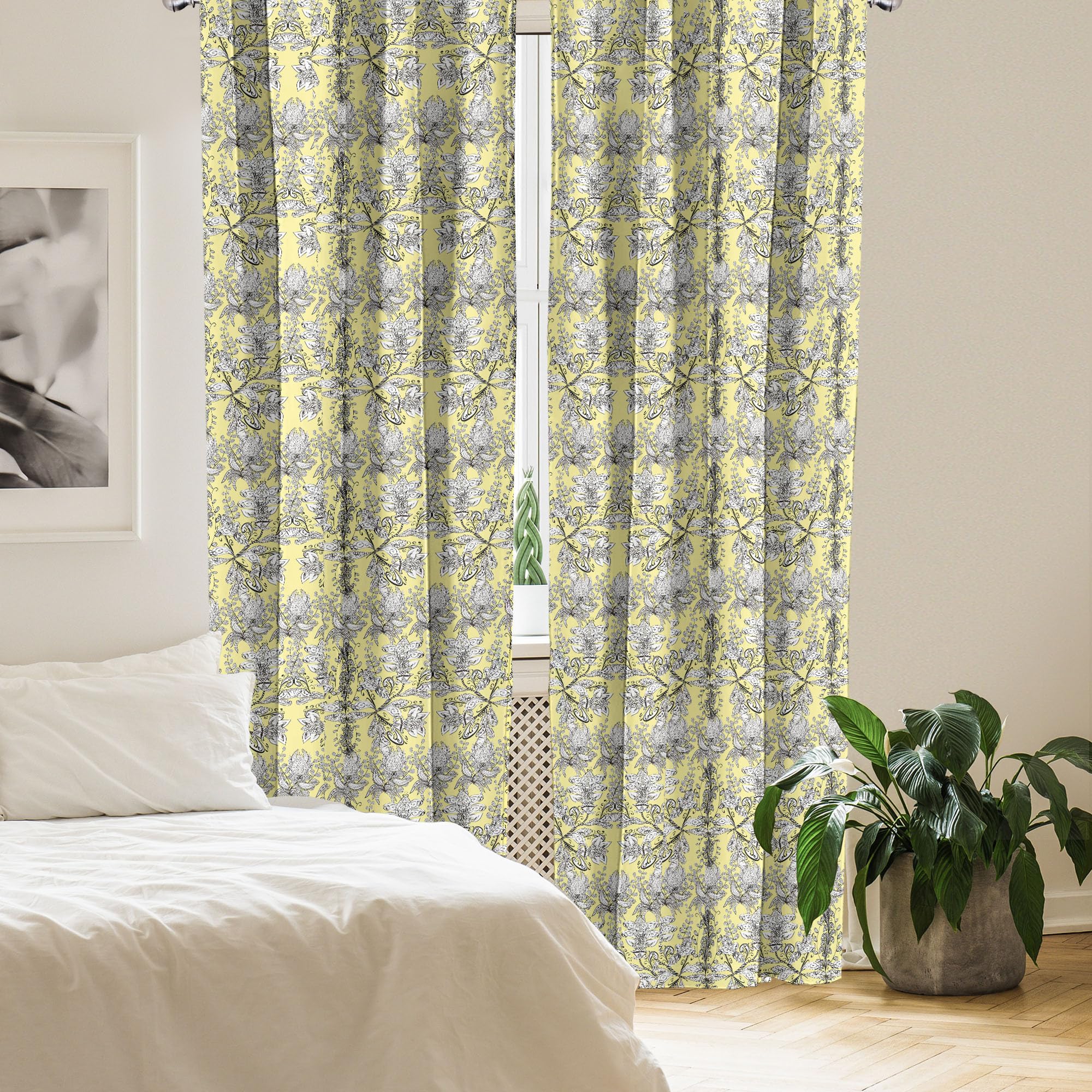 Bohemian Grey and Yellow Window Curtains with Floral Leaf Swirls & Dots - Lightweight Black & White Decor 2-Panel Set (28