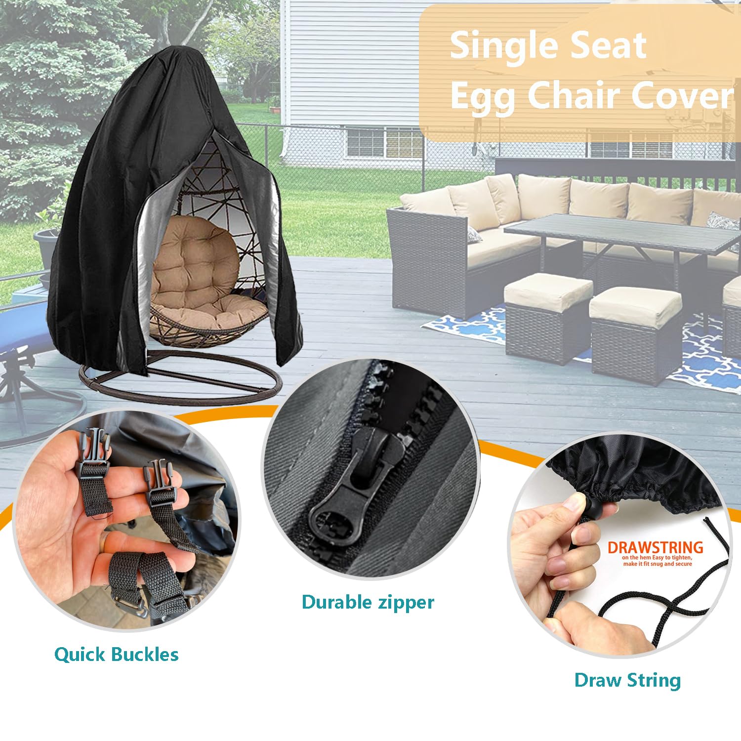 Waterproof Windproof Outdoor Hanging Egg Chair Cover with Zipper & Bottom Buckle - Black Wicker Swing Seat Cover for Patio, Garden & Backyard (Ideal for Rain, Snow & UV Protection)