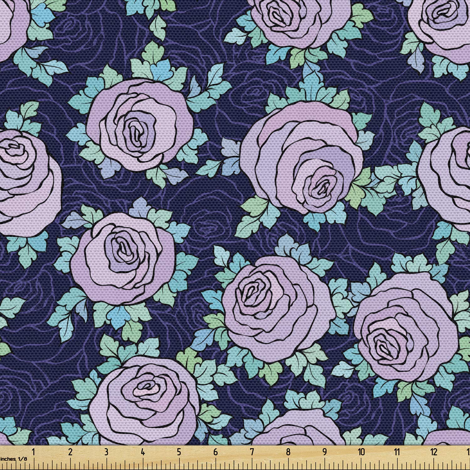 Ambesonne Rose Fabric by The Yard - Romantic Floral Print with Blue Leaves for Upholstery & Home Decor | 1 Yard Indigo Aqua Lilac | Perfect for DIY Curtains, Pillows & Table Runners