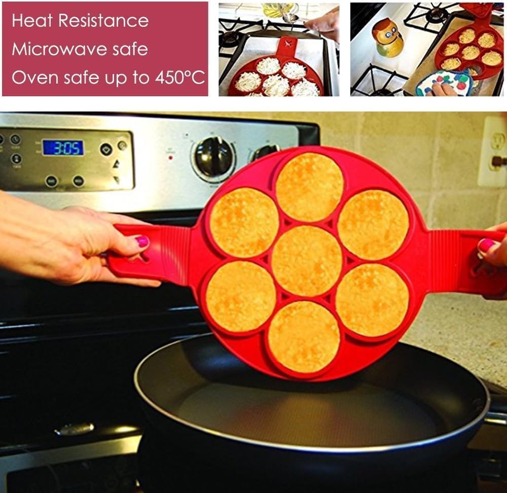 Flip N Cook Pancake Maker - Non-Stick Silicone Mold Set (Round, Heart Shapes, Pink) for Easy Homemade Pancakes, Breakfast & Kids Cooking Fun