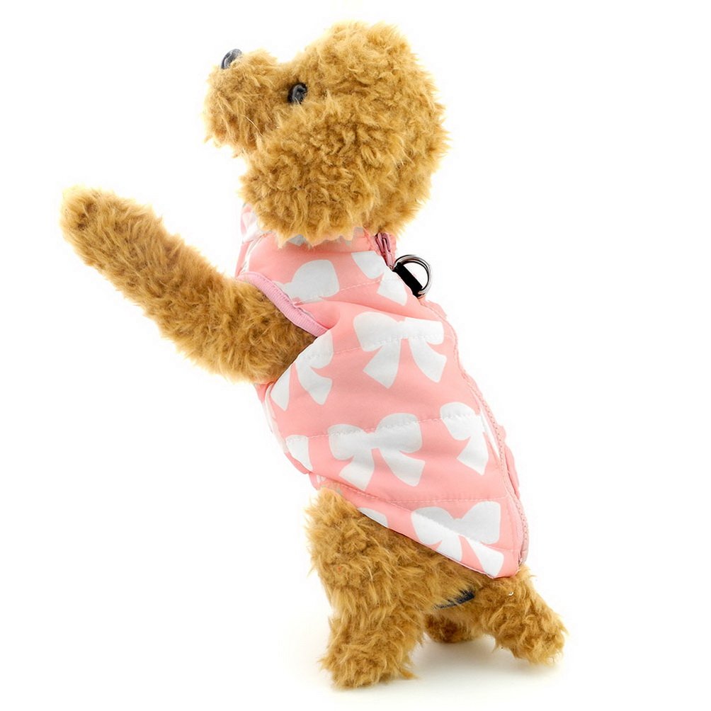 SELMAI Winter Dog Coat with Harness Hole - Pink Bow Print Small Dog Jacket for Cold Weather, Walking & Outdoor Activities