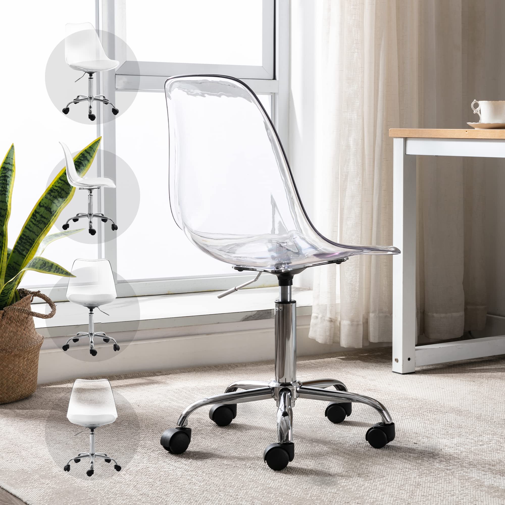 Modern Clear Acrylic Desk Chair - Adjustable Height Armless Rolling Office Chair for Home & Workspace - Small Cute Plastic Vanity Chair with Wheels - Perfect for Home Office, Study Room, Makeup Station & Modern Decor