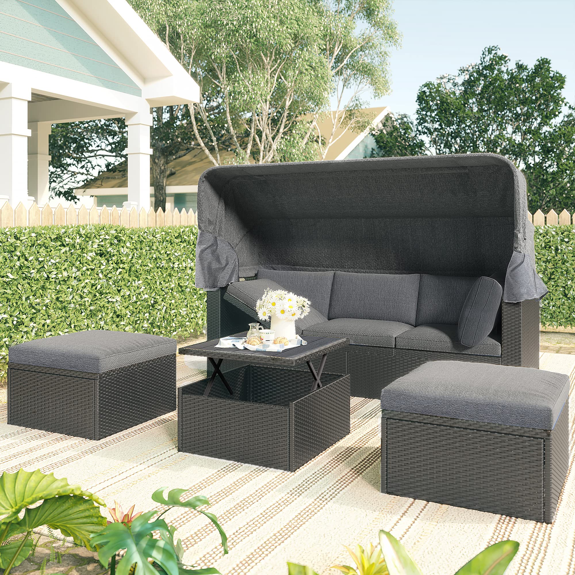 Melpomene Outdoor Wicker Rattan Sectional Sofa Set with Canopy Daybed, Lift-Top Coffee Table & 2 Ottomans - Grey Patio Furniture for Poolside, Garden & Backyard Relaxation