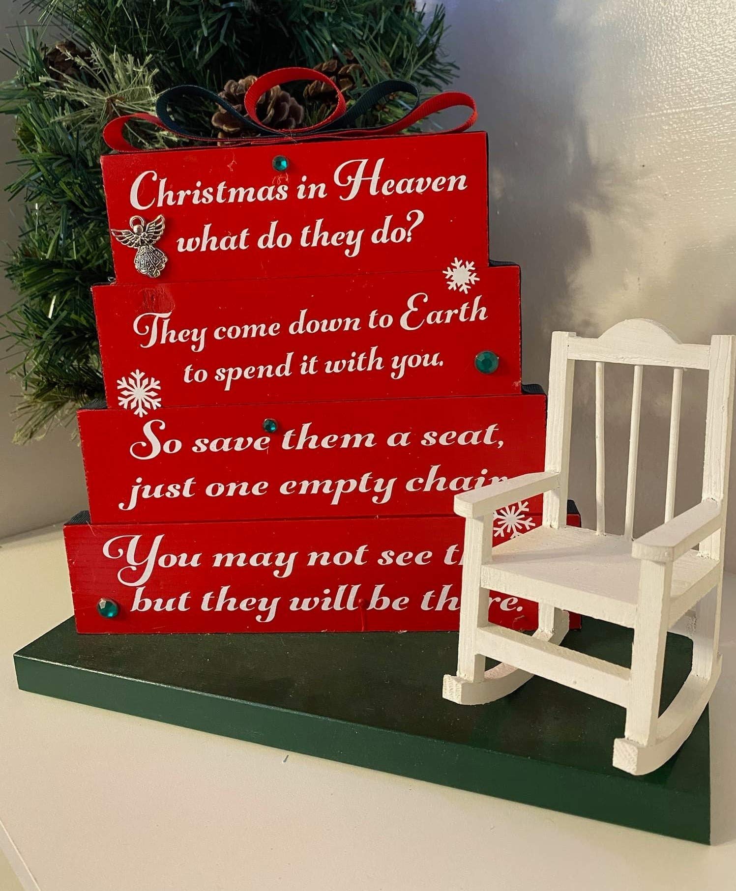 Heavenly Christmas Memorial Ornament - Red & Green Ribbon with Rhinestones & Snowflakes - Empty Chair Keepsake for Loved Ones - Perfect for Tree Decor, Gift Giving & Holiday Remembrance