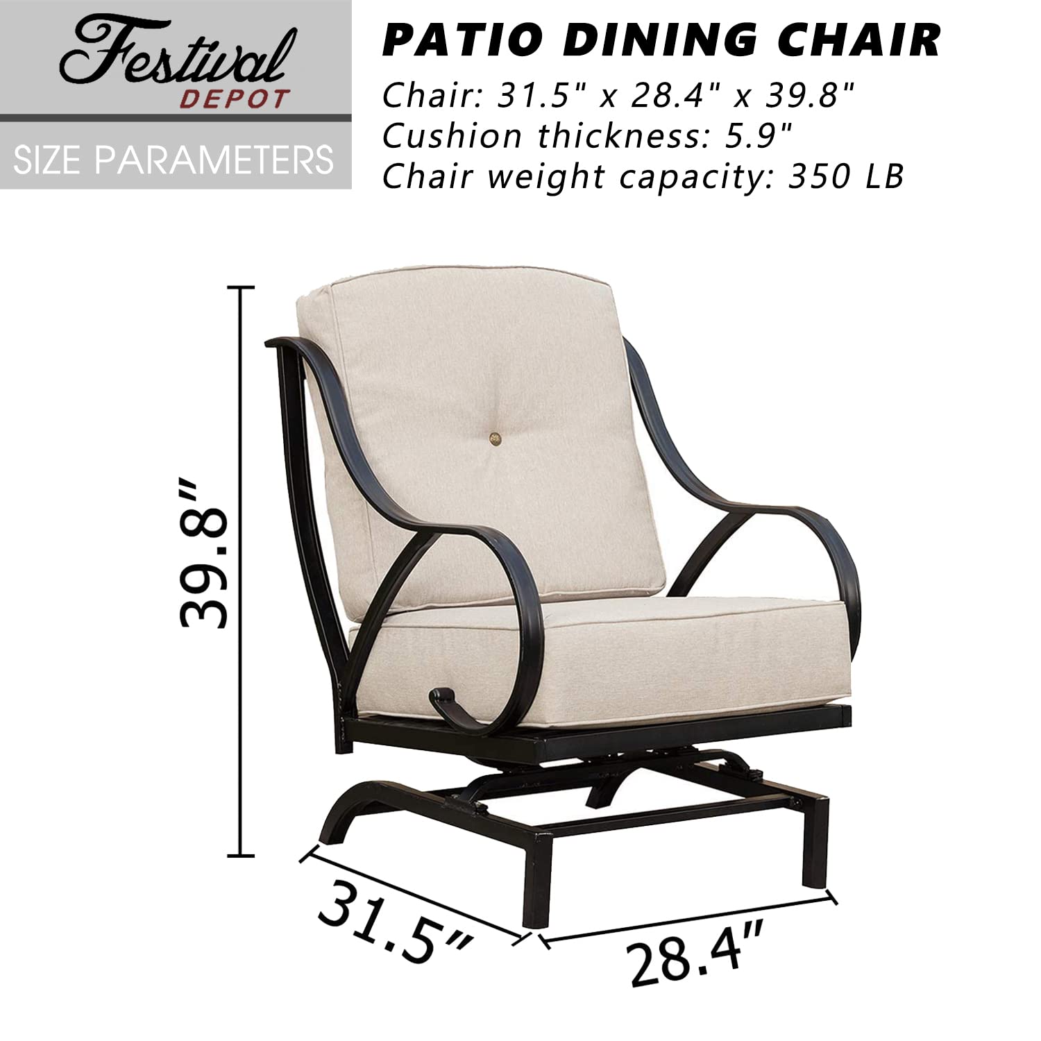 **Festival Depot 1 Patio Dining Chair with Thick Cushions - Sturdy Metal Frame Outdoor Furniture for Bistro, Deck, Garden - Beige (B-PF19110-W) - Perfect for Relaxing, Entertaining, and Outdoor Dining**