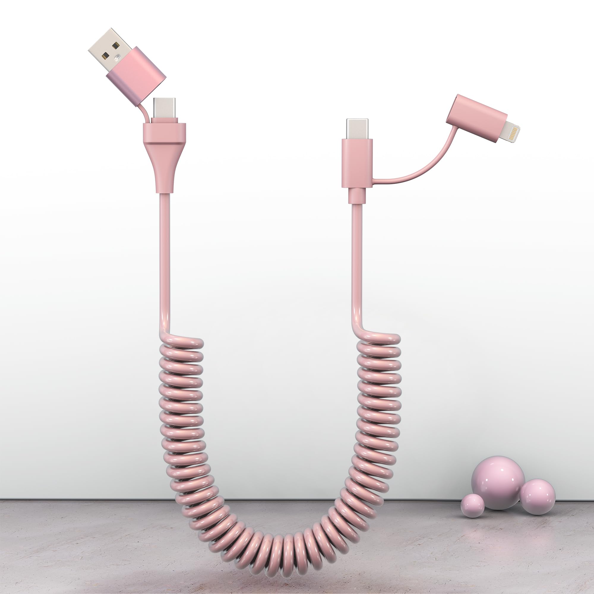 4-in-1 Coiled USB C to Lightning Cable - 60W PD Fast Charging & Data Sync - 6FT Multi Charging Cable for iPhone, iPad, Android - Compatible with Apple CarPlay & Android Auto - Includes USB/USB-C to USB-C/Lightning Connectors - Pink (Perfect for Car, Home & Office Charging)