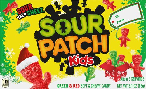 Sour Patch Kids Green & Red Christmas Holiday Gummy Candy - 3.1oz Gift Box | Sweet & Tangy Treats for Stocking Stuffers, Party Favors & Holiday Gifts