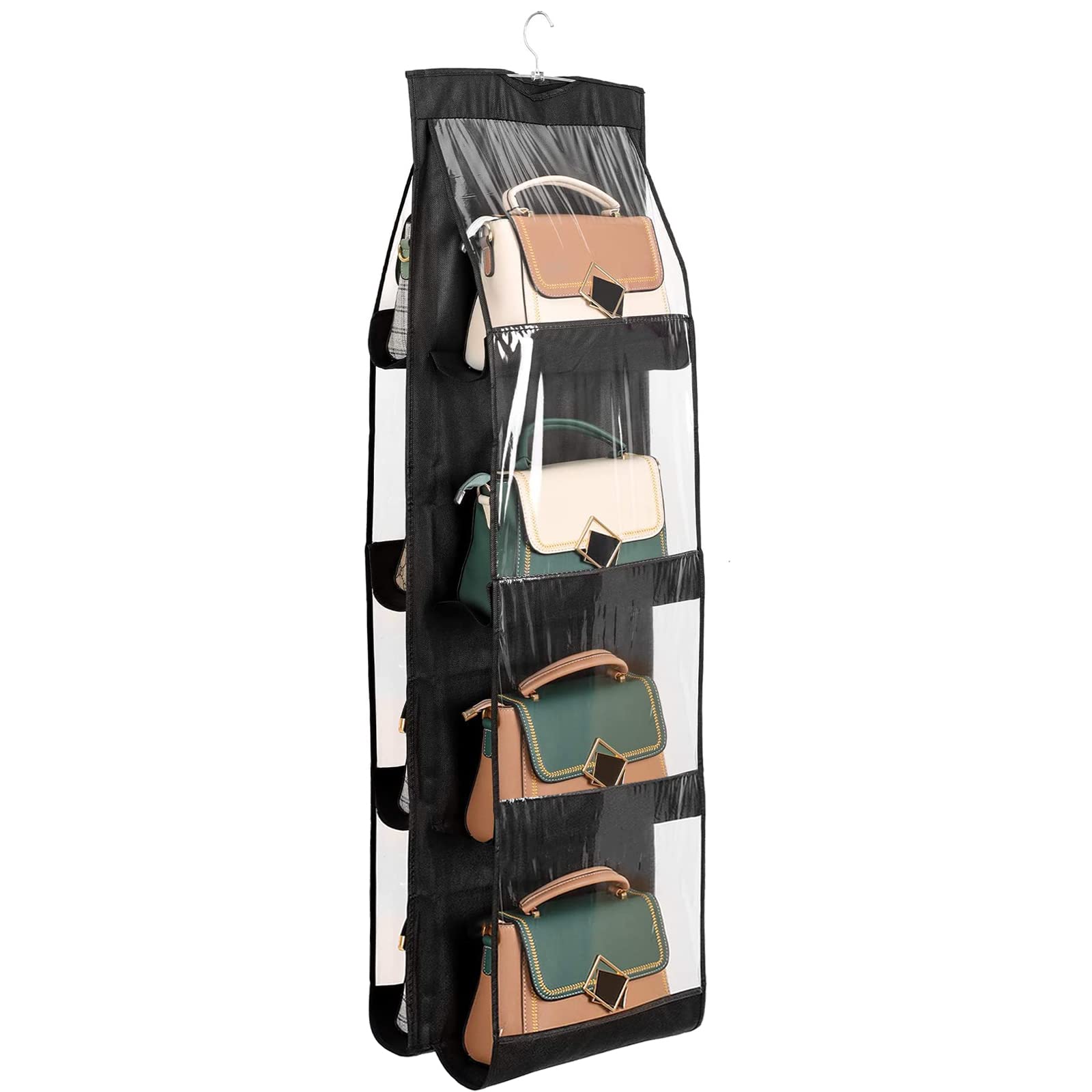 8-Pocket Hanging Handbag Organizer - Dustproof Purse Storage for Closet & Wardrobe - Washable Women's Handbag Organizer (Black) - Perfect for Travel, Home & Office Organization