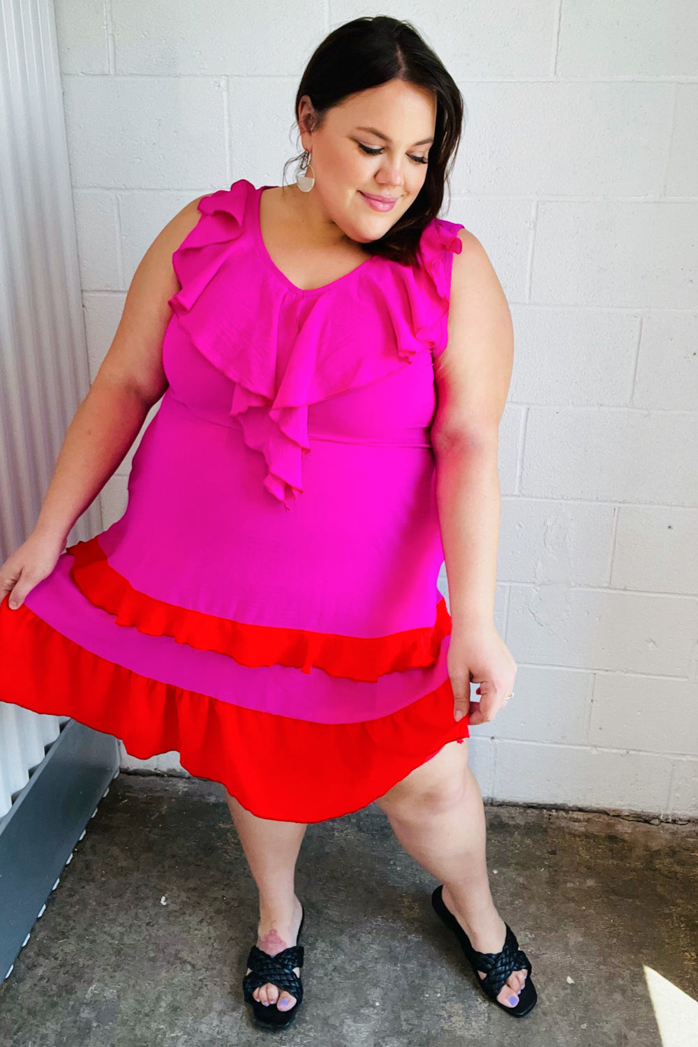 Fuchsia Ruffle V-Neck Crepe Tiered Midi Dress for Women - Flowy Party & Wedding Guest Outfit - Elegant Cocktail & Summer Dresses