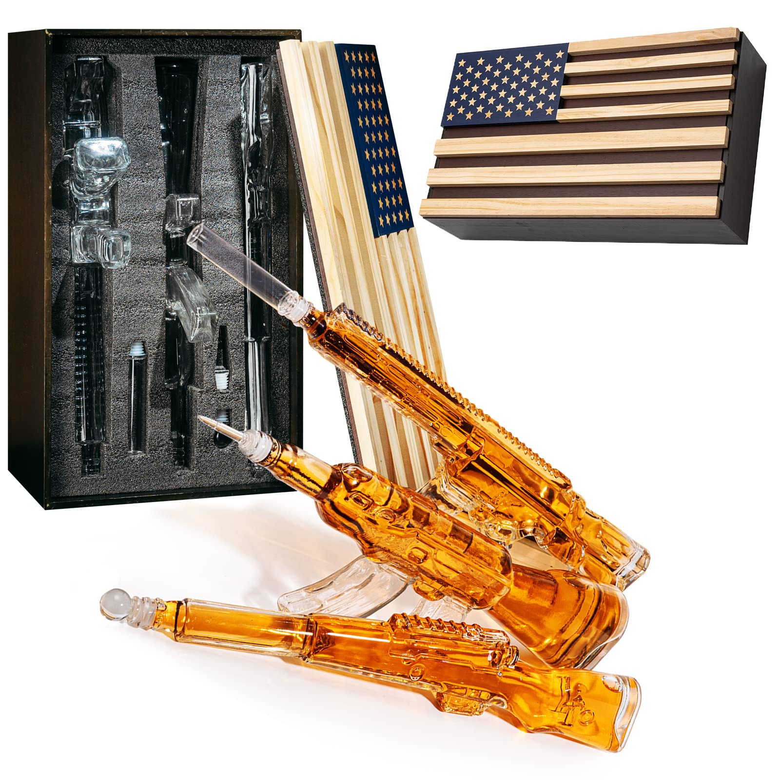 Premium 3-Piece Whiskey Decanter Set with Rifle Design - 1000ml Glass Gun Decanters for Bourbon, Scotch & Whiskey | Unique Veteran Gifts, Military Present, Gun Enthusiast Gift Idea for Dad | Perfect for Home Bar, Man Cave & Whiskey Tasting Parties (TikTok Viral Gift)