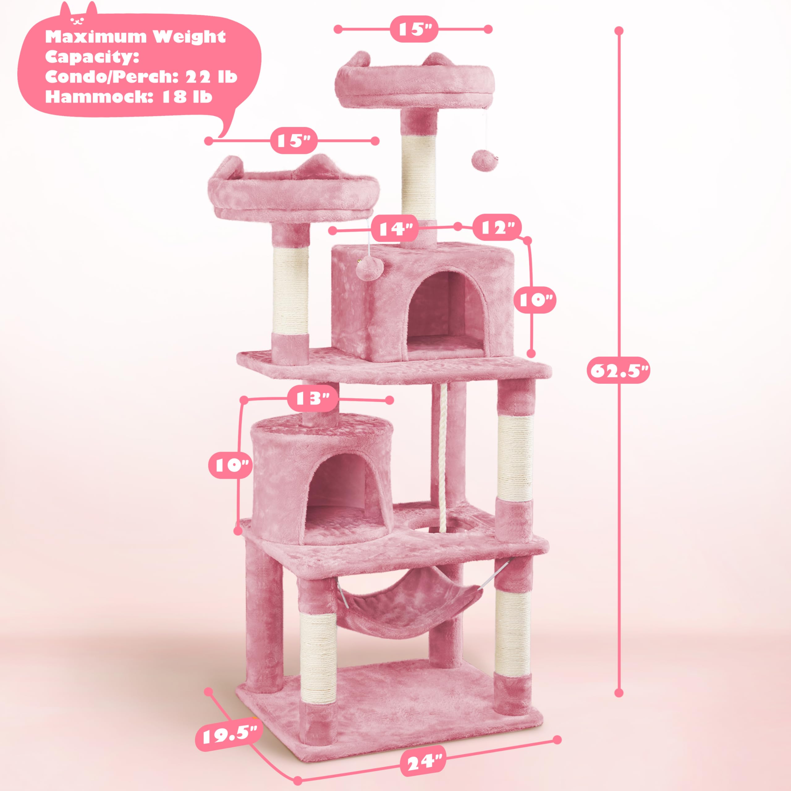 Yaheetech 62.2 Inch Large Cat Tree with Hammock, Cat Condo & Scratching Posts - Multi-Level Cat Tower Activity Center for Indoor Cats - Perfect for Play, Rest & Climbing (Pink)