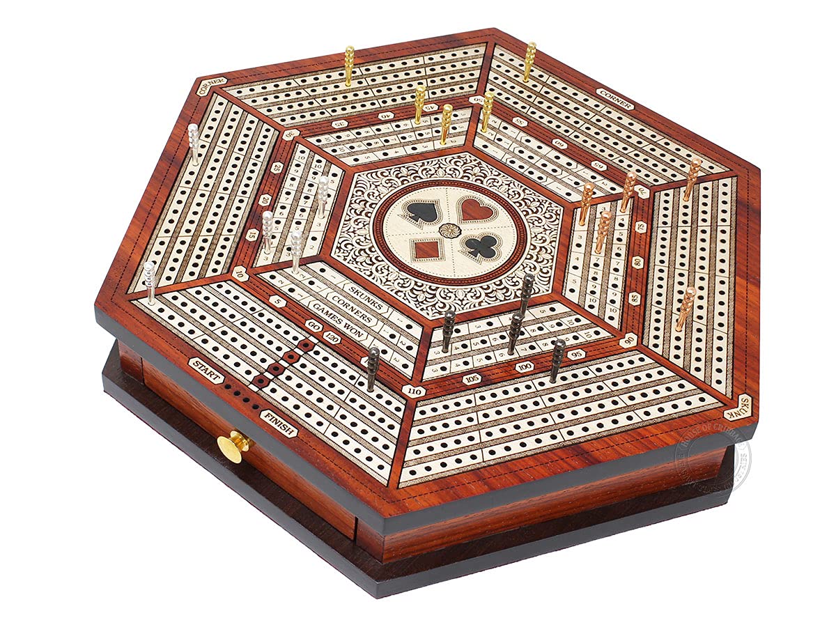Premium Hexagonal Cribbage Board with 4 Continuous Tracks, Storage Drawer & Score Marking Fields - Blood Wood/White Maple - Perfect for Family Game Nights & Travel Entertainment