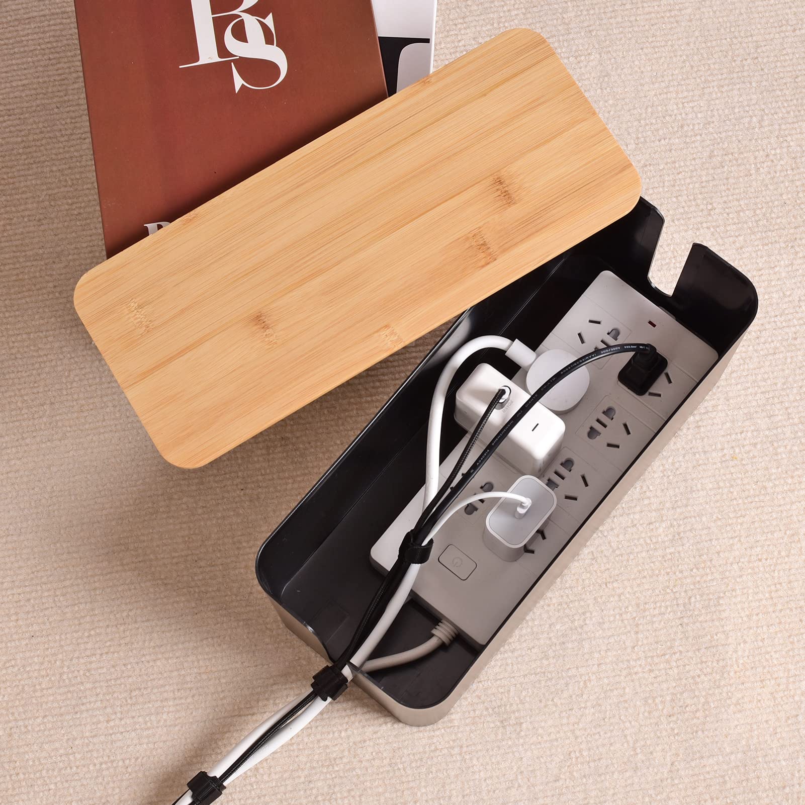Wooden Style Cable Management Box - Cord Organizer to Hide Wires & Power Strips | Desk & Computer Cable Organizer | Safe ABS Material | 12.6
