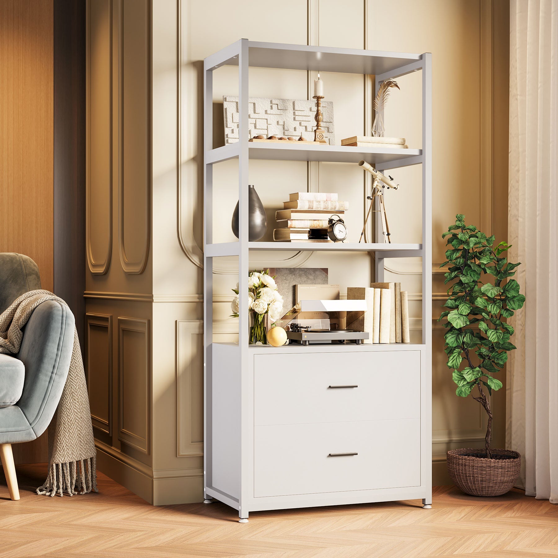 4 Tier Bookshelf with 2 Drawers - Modern Wooden Bookcase for Home Office, Living Room, Bedroom - Perfect for Organizing Books, Decor & Storage