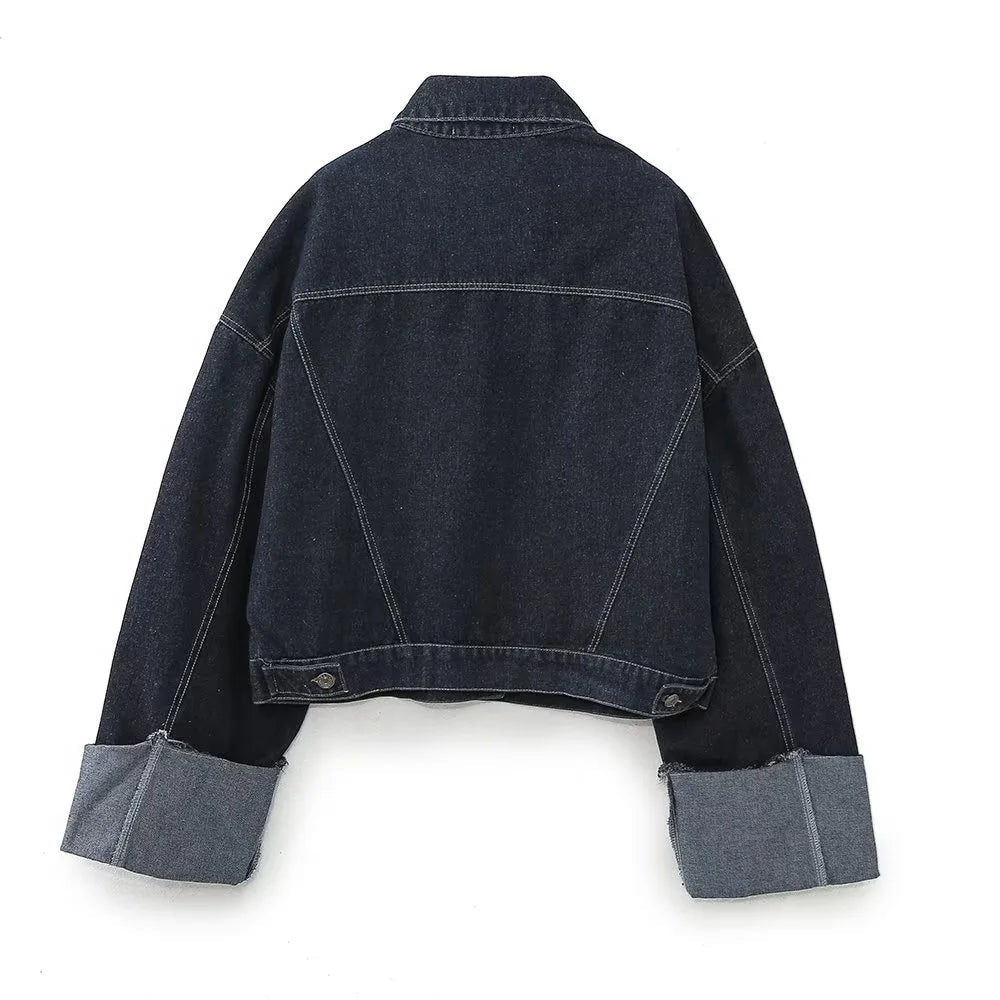 Stylish Autumn/Winter Women's Denim Jacket & Curled Hem Pants Set - Trendy Casual Outfit for Fall Fashion, Date Nights & Weekend Outings