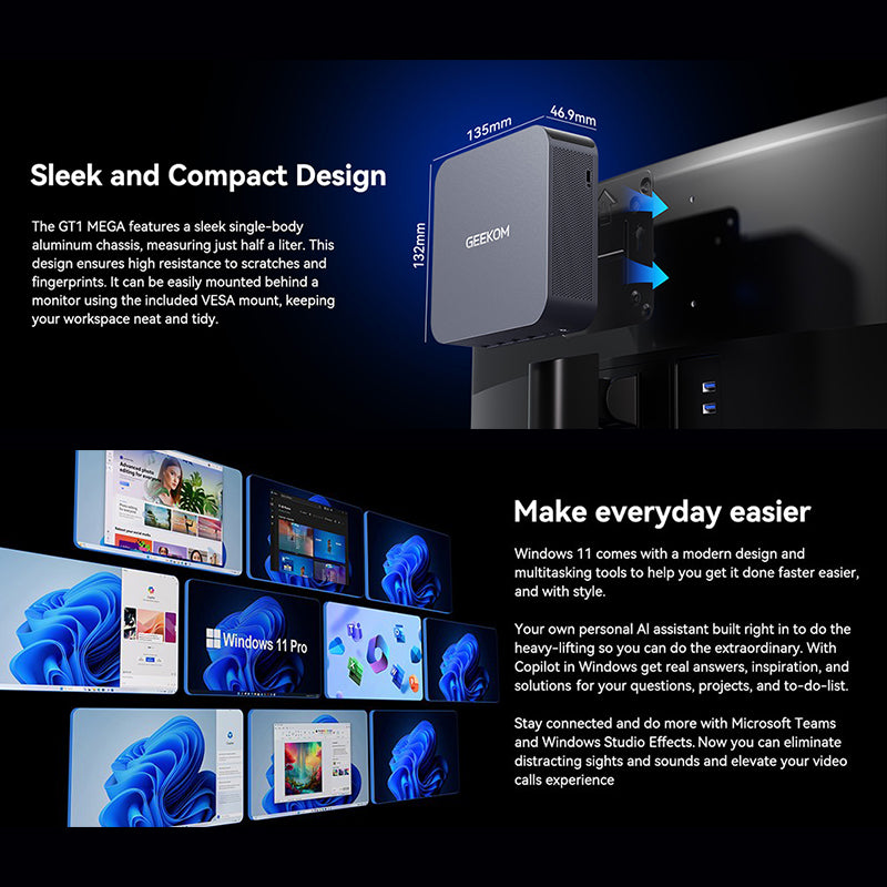 GEEKOM GT1 Mega AI Mini PC - Intel Core i7, 32GB RAM, 1TB SSD, Windows 11 Pro - Powerful Compact Desktop for Home Office, Gaming & Digital Signage