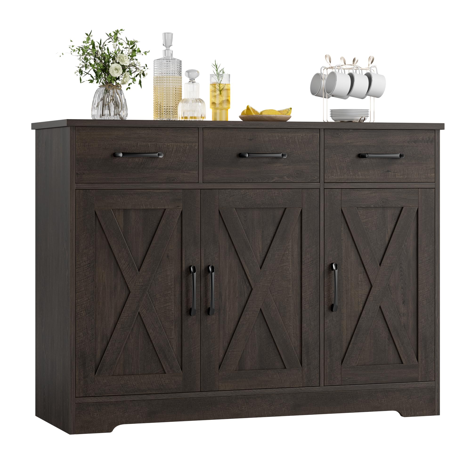 Modern Farmhouse Buffet Sideboard Cabinet with Barn Doors - Wood Storage Cabinet with Drawers & Shelves for Dining Room, Kitchen, Living Room - Dark Brown Coffee Bar Organizer for Home Decor & Entertaining
