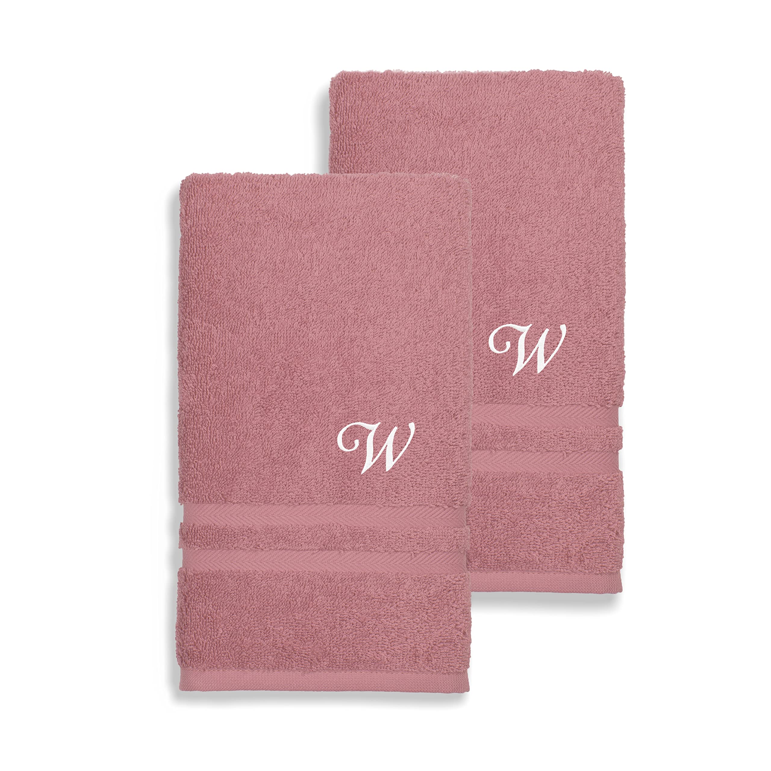 Premium Turkish Cotton Terry Hand Towels Set of 2 - Soft Absorbent Tea Rose Pink with White Monogram Initials - Perfect for Bathroom, Kitchen & Guest Towels