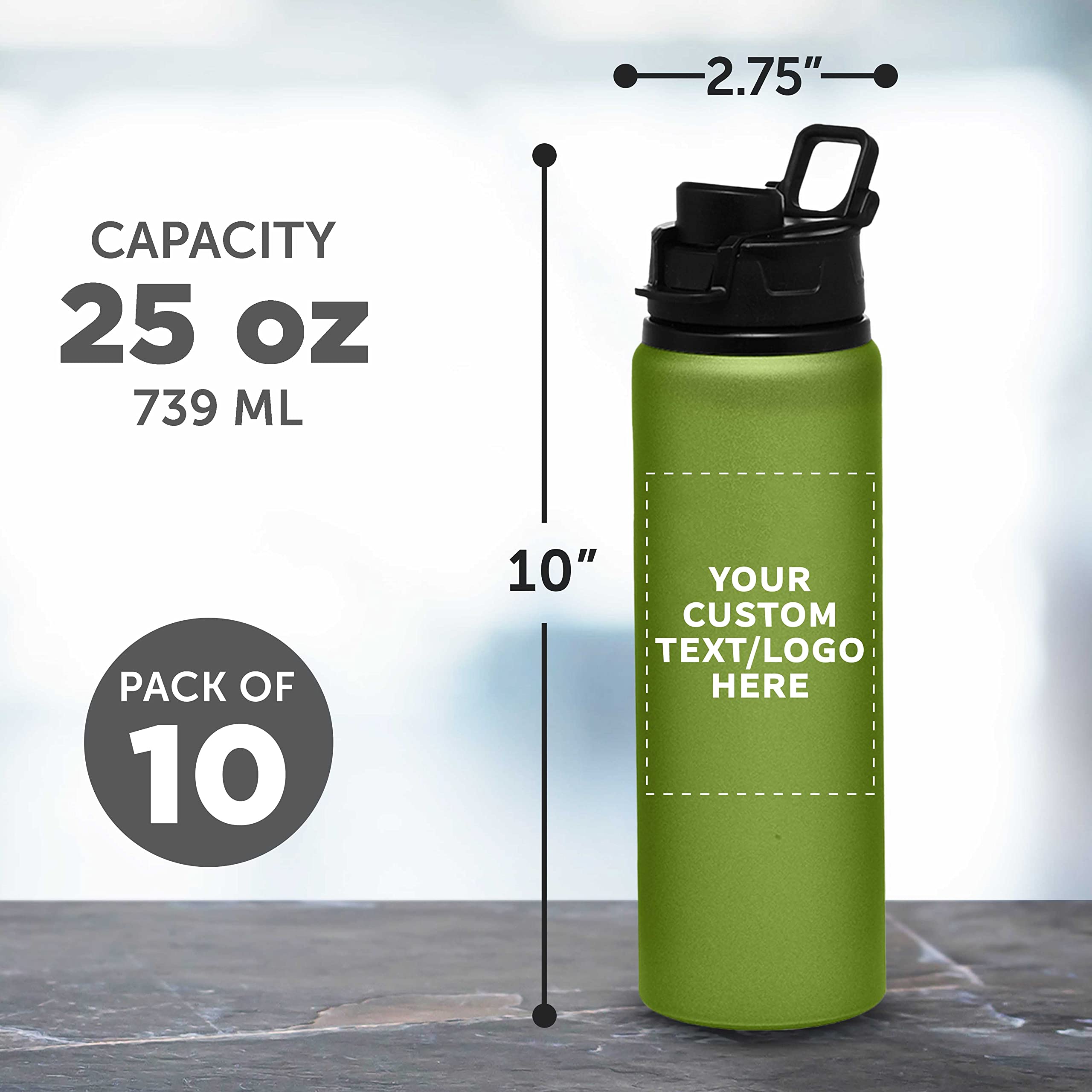 Custom 25oz Aluminum Water Bottles with Snap Lids - Bulk Pack of 10 Reusable Personalized Drinkware - Eco-Friendly Gym, Hiking, Cycling & School Accessories - Ideal for Sports, Outdoor Activities & Daily Hydration - Green