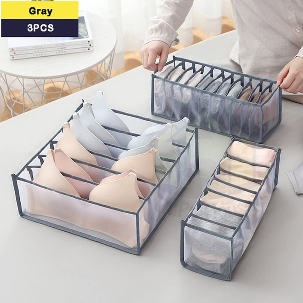 3-Piece Mesh Underwear & Bra Storage Box Set - Stackable Drawer Organizer for Closet, Panties, Socks & Clothes - Space Saving Home Organization Solution (Gray) - Perfect for Bedroom, Dorm & Travel Use