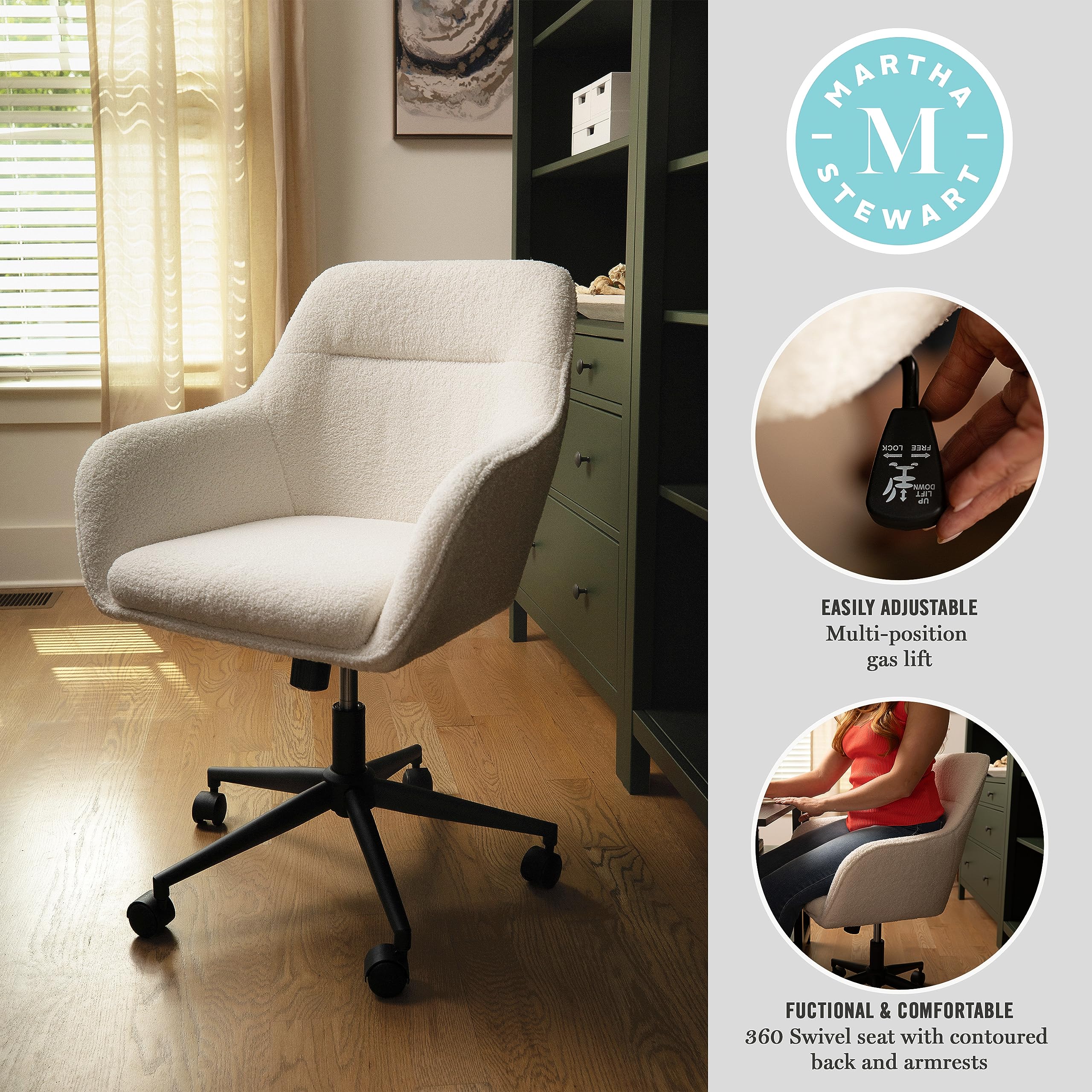 Martha Stewart Rayna Swivel Task Chair with Flared Arms - White Boucle Fabric & Oil Rubbed Bronze Frame - Ergonomic Home Office Chair for Comfortable Working & Studying