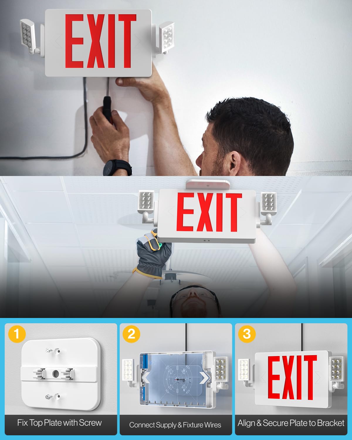 Sunco 6 Pack UL Listed Commercial Grade Exit Signs with Emergency Lights - 2 Adjustable LED Lights & Backup Battery, 94V-0 Fire Resistant, 120-277V, Red - Wall or Ceiling Mount for Office Buildings, Warehouses & Public Safety Areas