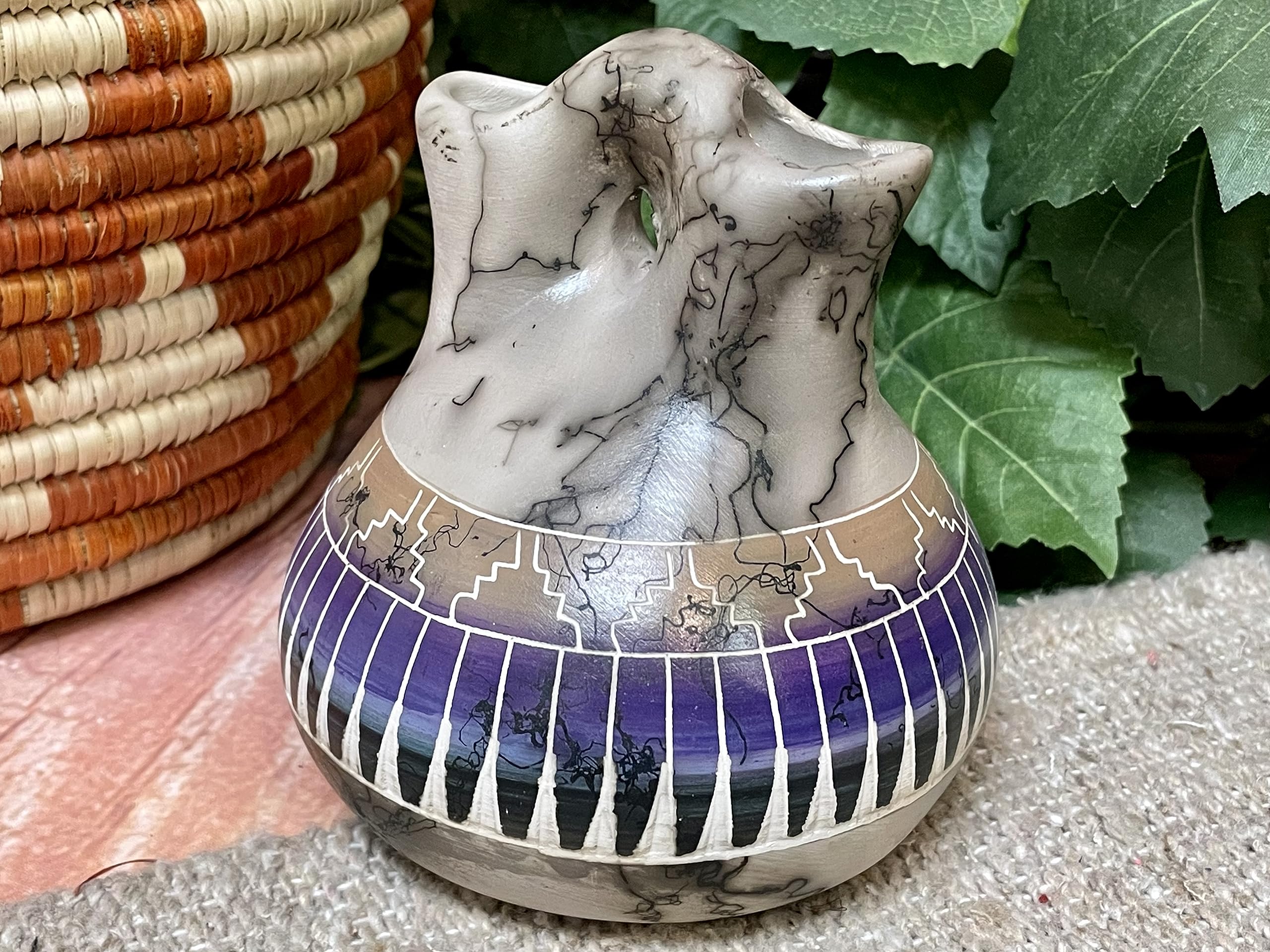 Authentic Native American Handcrafted Horse Hair Wedding Vase - Color Band Etched Ceramic Pot for Collectors, Southwest & Western Home Decor, Unique Gift Idea (35nap27) | Perfect for Wedding Ceremonies, Rustic Home Accents & Cultural Art Displays