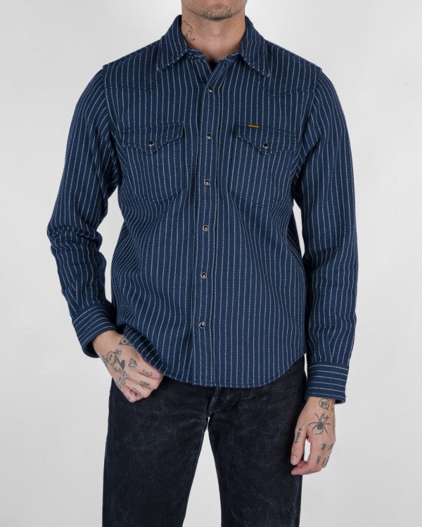 Iron Heart IHSH 401 12oz Ultra Heavy Flannel Chalk Stripe Western Shirt - Navy Blue - Durable Workwear & Casual Style for Men - Perfect for Outdoor Adventures & Everyday Wear