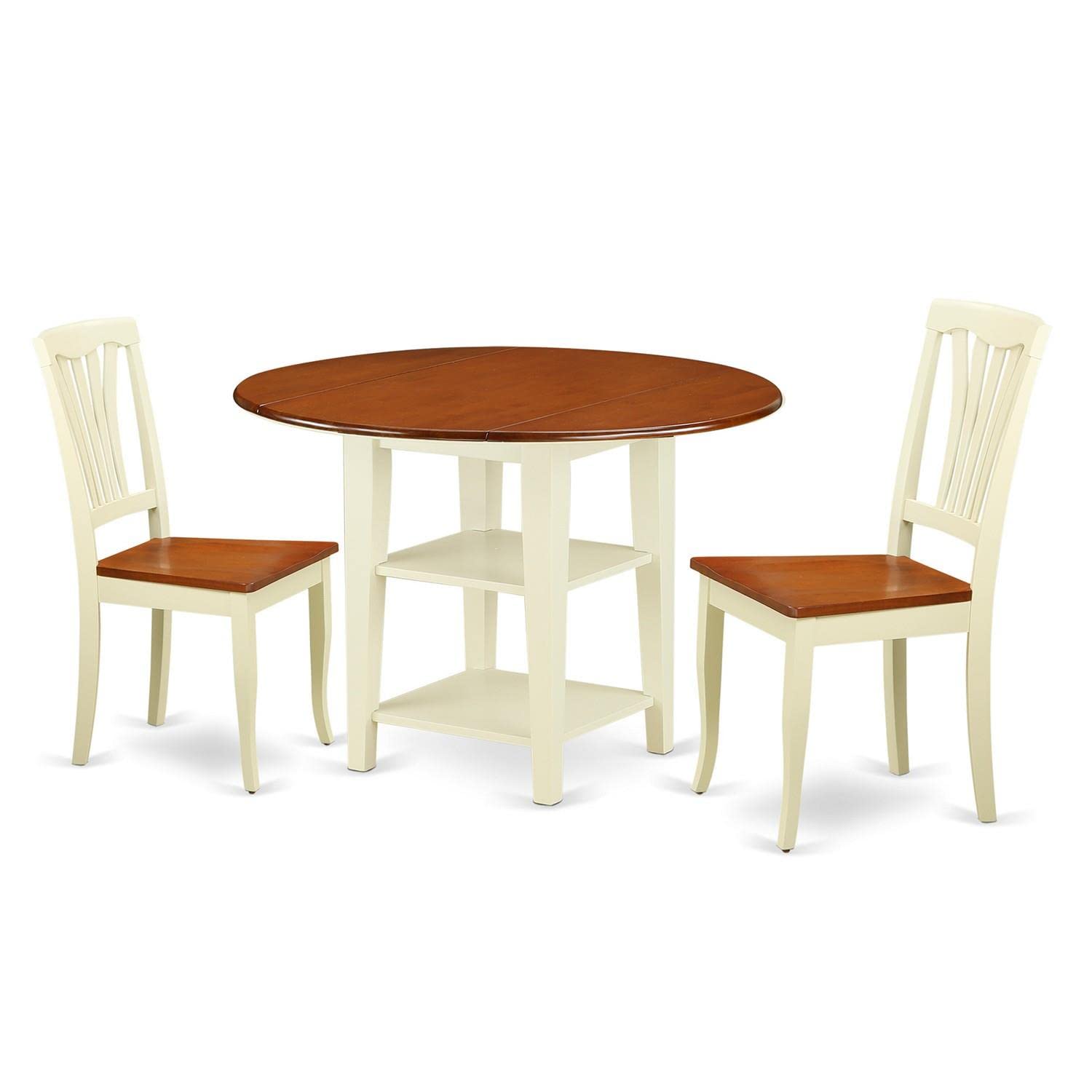East West Furniture SUAV3-BMK-W 3-Piece Small Space Kitchen Table Set - Round Drop Leaf Dining Table with Storage Shelves & 2 Chairs, 42x42 Inches, Buttermilk & Cherry Finish - Perfect for Apartments, Breakfast Nooks & Cozy Dining Areas
