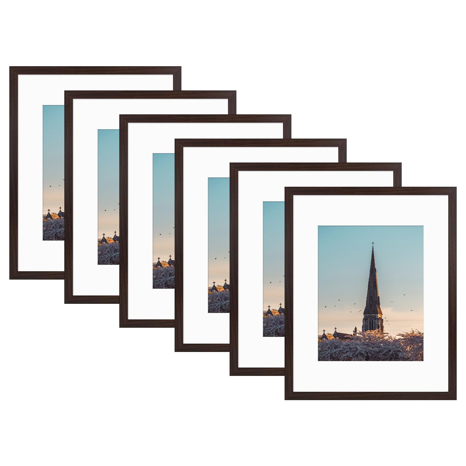 AUEAR 16x20 Picture Frames Set of 6 - 11x14 Matted or 16x20 Without Mat, Glass Front Photo Frames for Wall Gallery Display, Horizontal & Vertical Hanging (6 Pack, Mahogany Finish) - Perfect for Living Room Decor, Bedroom Photos, Office Art Display & Family Portrait Frames