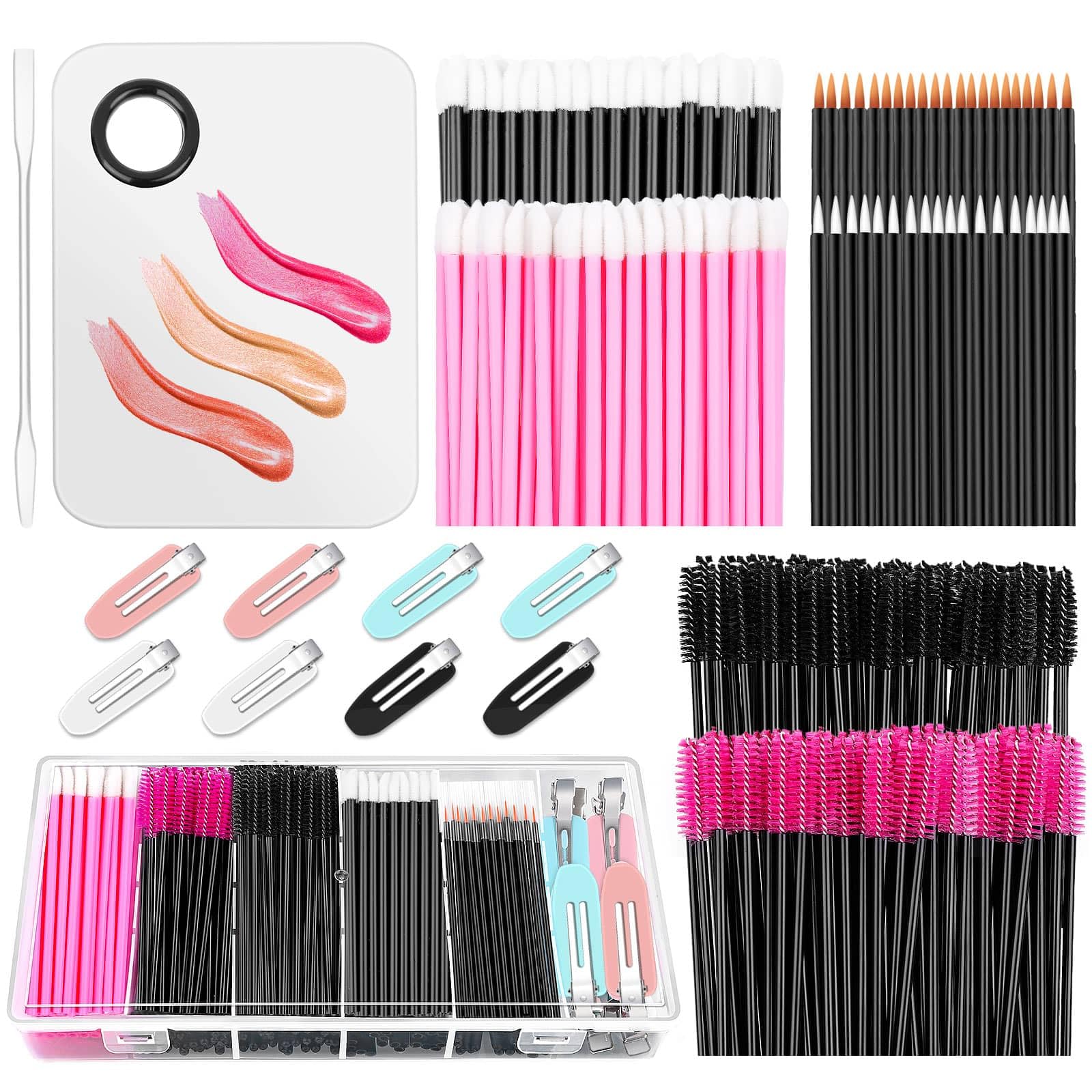Shynek Professional Makeup Mixing Tray Set with Disposable Accessories Kit - Includes Mascara Wands, Lip Applicators, Hair Clips & Storage Organizer Box for Makeup Artists, Salon Professionals & Home Beauty Use