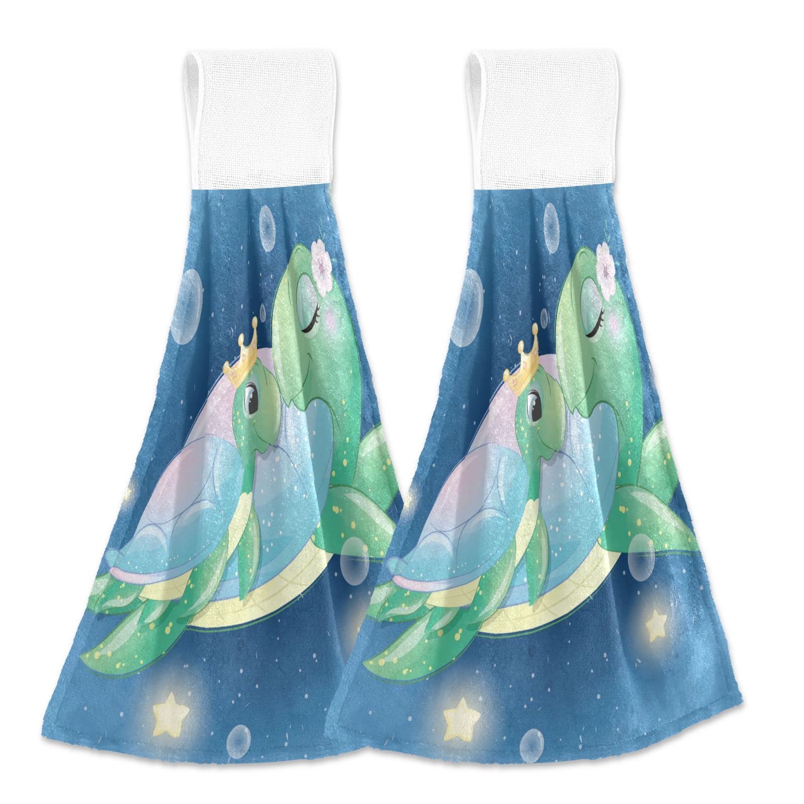 2 Pack Cute Sea Turtle Mother and Baby Night Star Hanging Kitchen Towels - Soft Absorbent Coral Velvet Dish Towels for Bathroom, Kitchen & Washcloth - Perfect for Drying Dishes, Cleaning Countertops, and Bathroom Use