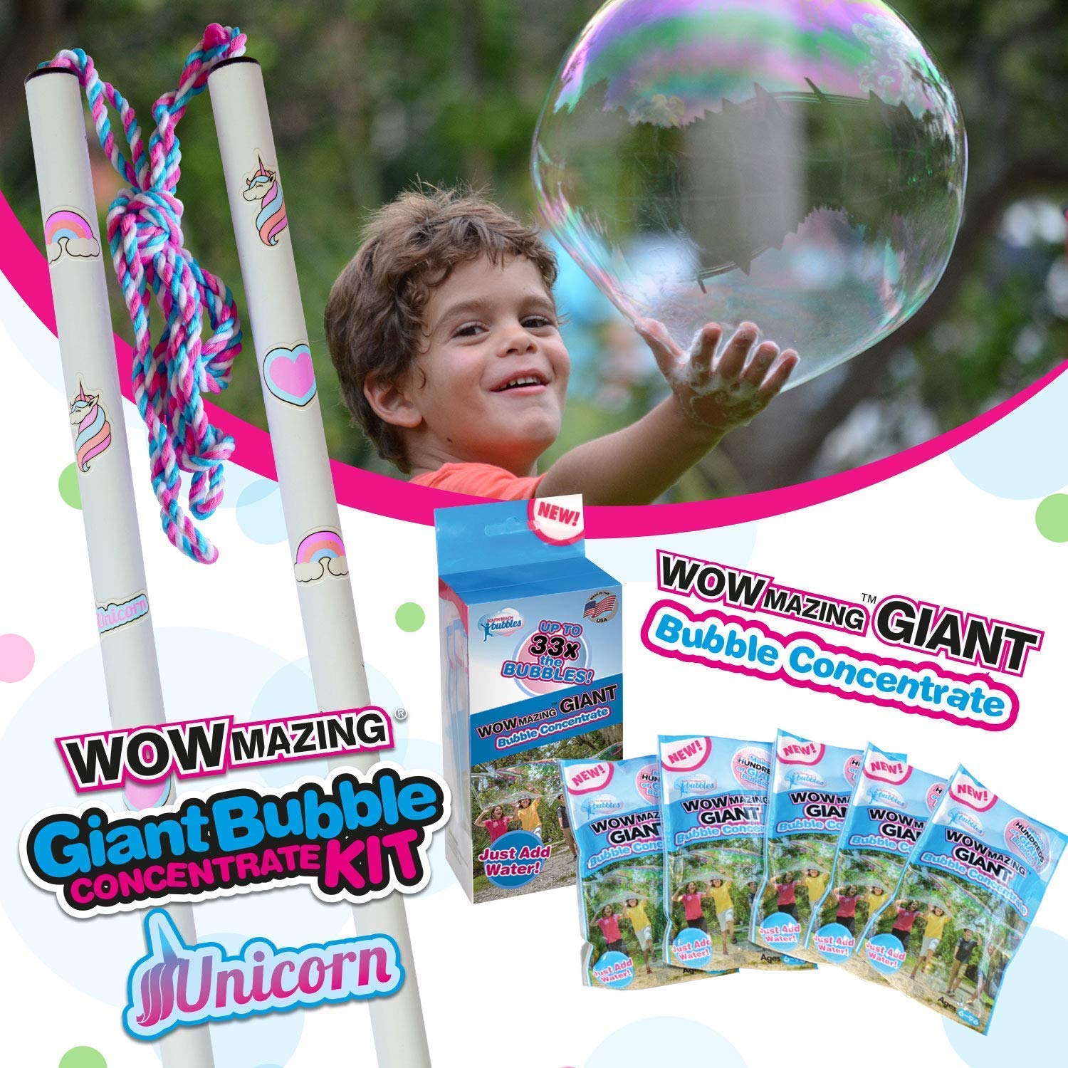 WOWMAZING Unicorn Giant Bubbles Kit with Wand, 7 Bubble Concentrate Pouches & 8 Sun-Activated Stickers | Outdoor Bubble Toy for Kids & Birthday Parties | Made in USA | Perfect for Backyard Fun, Summer Activities & Family Gatherings